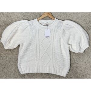 Sugarlips Womens Chunky Knit Puff Sleeve Sweater Size M Ivory Fisherman Knit NWT